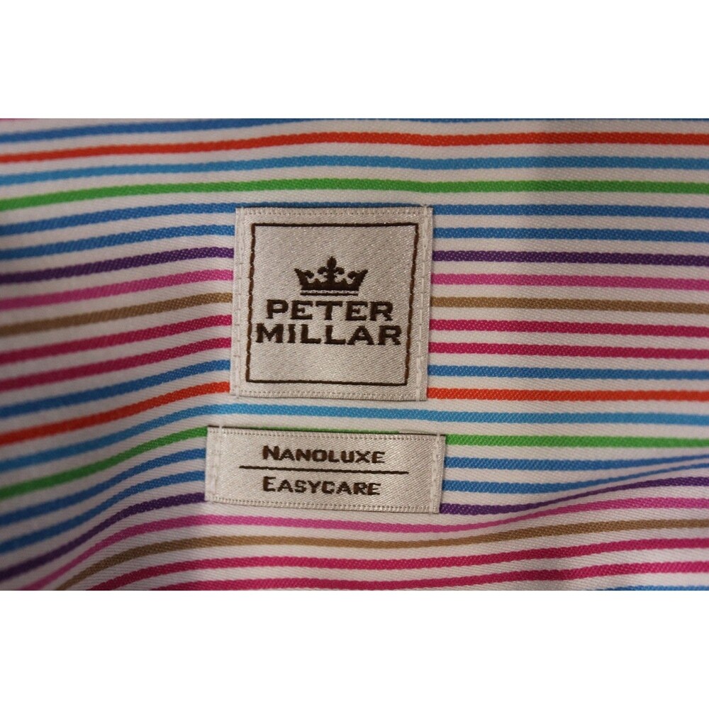 Peter Millar Colorful Striped Cotton Button Down Shirt Mens Easy Care Pocket M - Picture 8 of 9